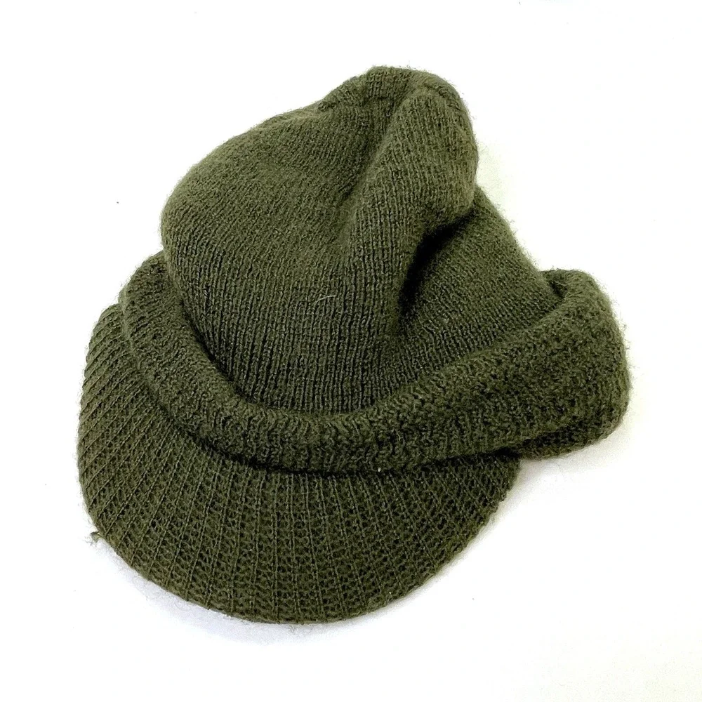US Army Wool Watch Cap Green‎ Knit Visor Hat Beanie Vintage 80s Made in USA